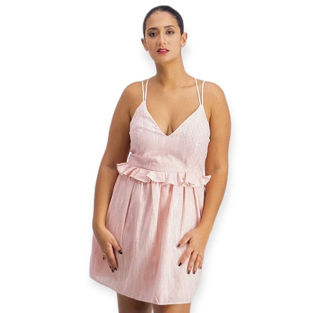 Pink V Neck Sleeveless Multi Straps Ruffled Waist Formal Mini Dress NEW